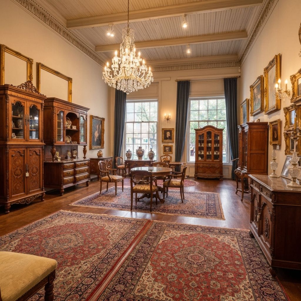 Intérieur de galerie d'antiquités avec meubles anciens